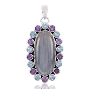 Sterling silver labradorite pendant with amethyst & blue topaz gemstones, elegant handcrafted jewelry. main view