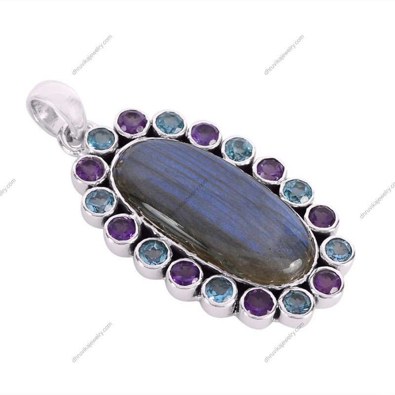 Sterling silver labradorite pendant with amethyst & blue topaz gemstones, elegant handcrafted jewelry. alternate image