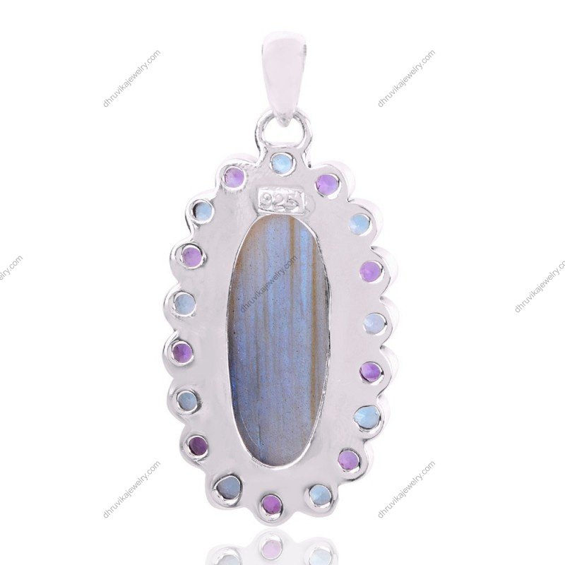 Sterling silver labradorite pendant with amethyst & blue topaz gemstones, elegant handcrafted jewelry. view1