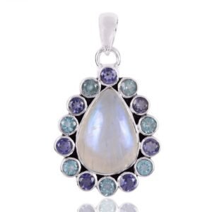 Sterling silver moonstone pendant with blue gemstone halo, elegant handcrafted jewelry main view