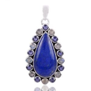 Handcrafted sterling silver lapis lazuli pendant with teardrop gemstone and blue accent stones. main view