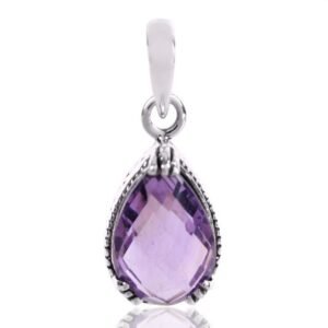 Sterling silver amethyst teardrop pendant with faceted purple gemstone main view