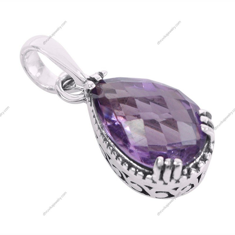 Sterling silver amethyst teardrop pendant with faceted purple gemstone alternate image