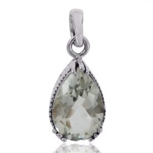 Sterling silver green amethyst teardrop pendant with faceted gemstone main view