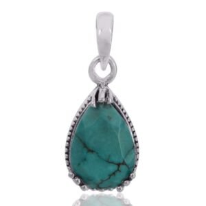 Sterling silver turquoise teardrop pendant with intricate silver detailing main view