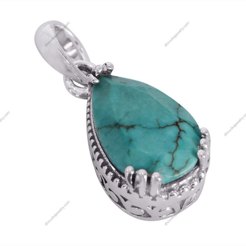Sterling silver turquoise teardrop pendant with intricate silver detailing alternate image