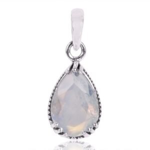 Sterling silver moonstone teardrop pendant with intricate detailing and a luminous natural gemstone. main view