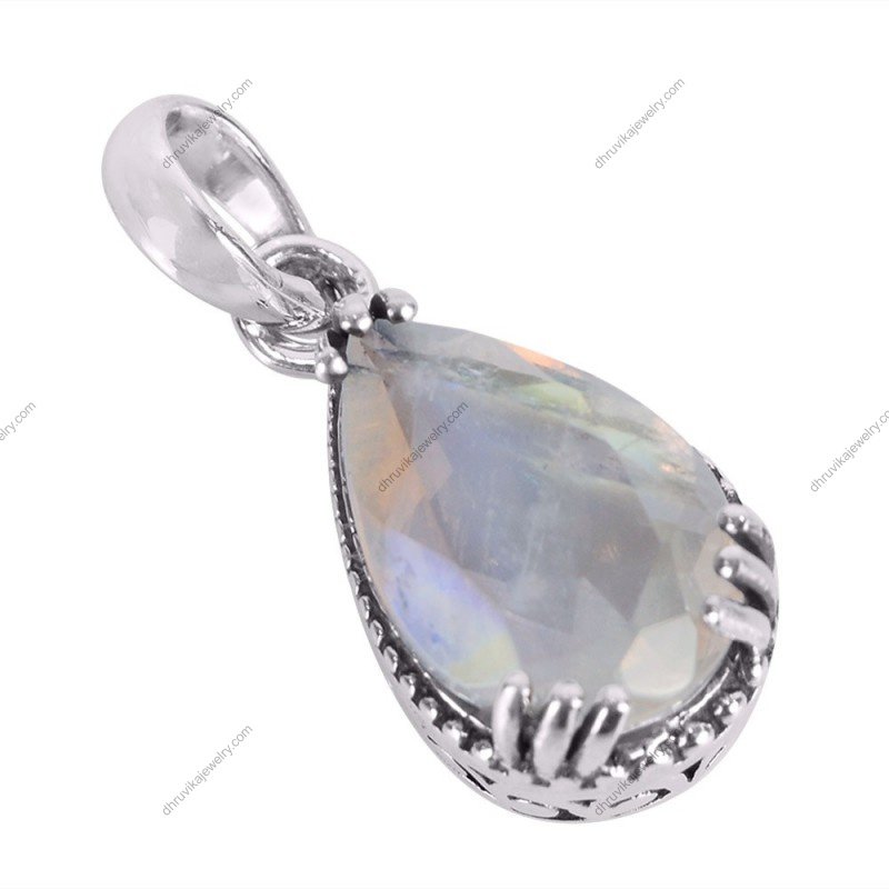 Sterling silver moonstone teardrop pendant with intricate detailing and a luminous natural gemstone. alternate image