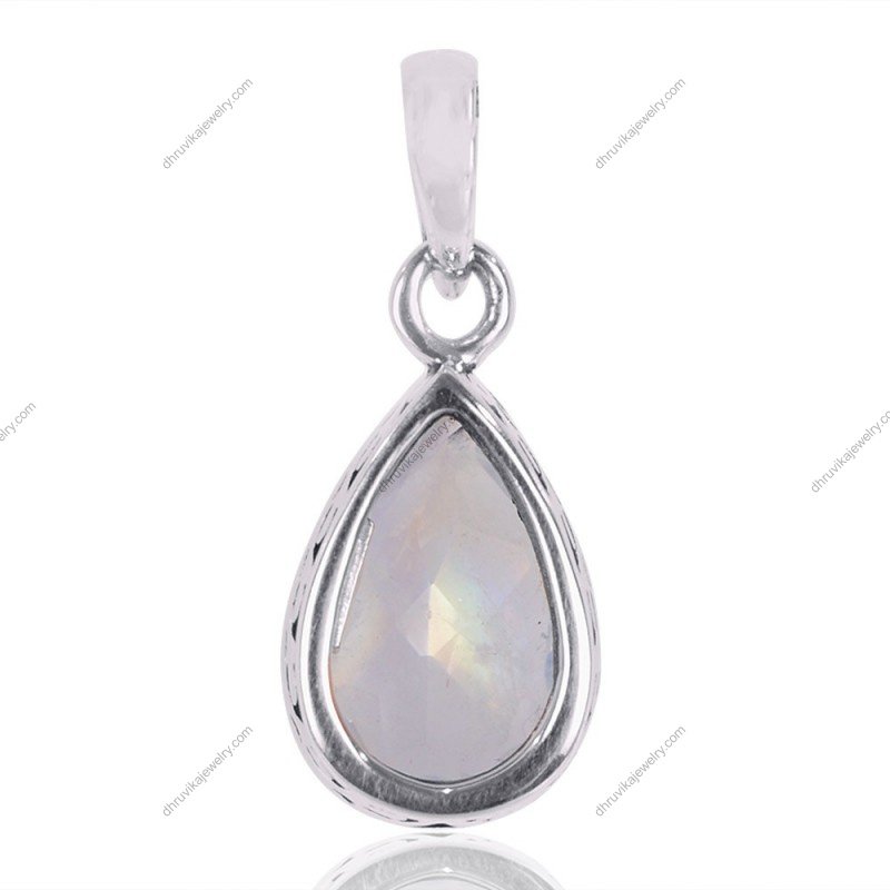 Sterling silver moonstone teardrop pendant with intricate detailing and a luminous natural gemstone. view1