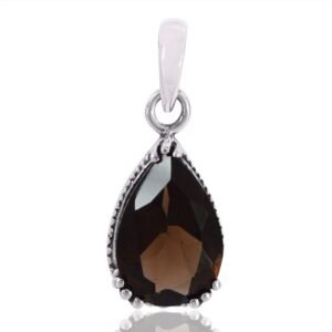 Smoky Quartz teardrop pendant in sterling silver with faceted gemstone and vintage detailing main view