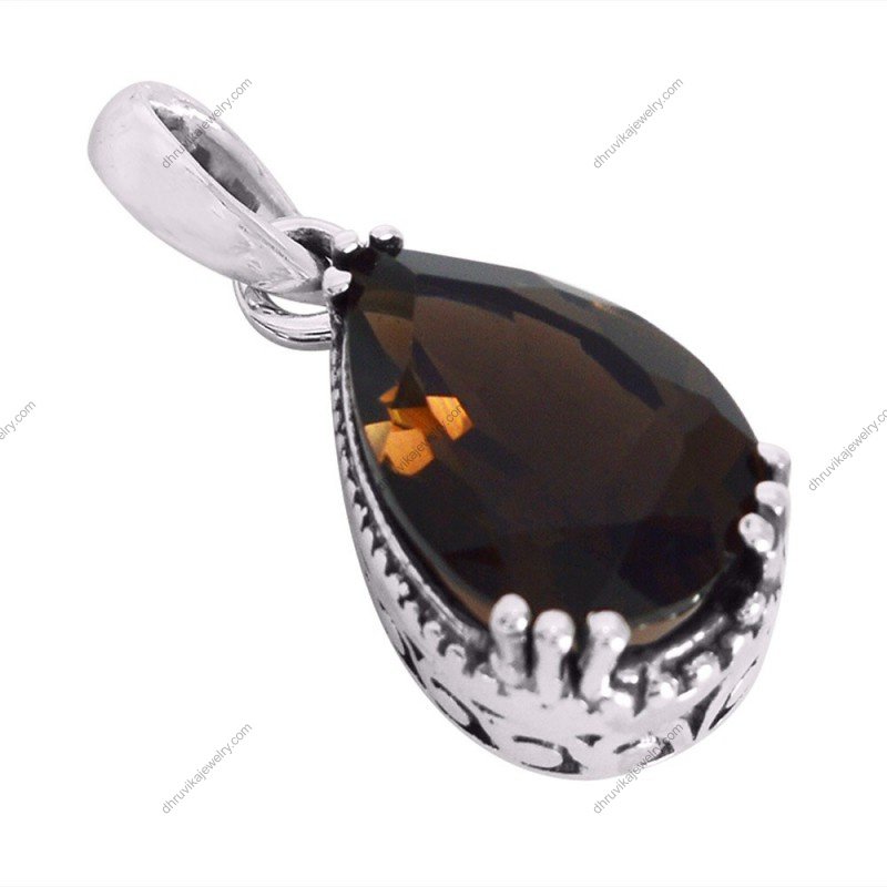 Smoky Quartz teardrop pendant in sterling silver with faceted gemstone and vintage detailing alternate image
