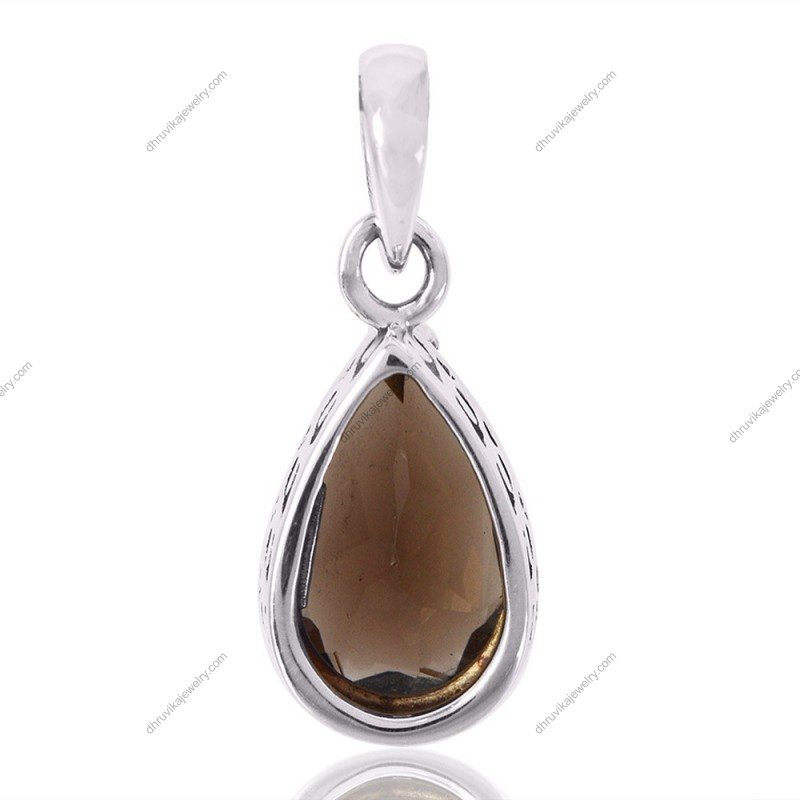 Smoky Quartz teardrop pendant in sterling silver with faceted gemstone and vintage detailing view1