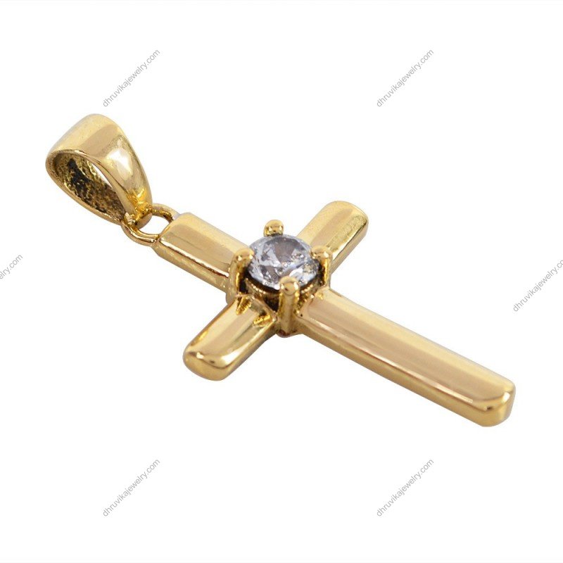 Gold cross pendant with cubic zirconia stone, sleek religious jewelry piece alternate image