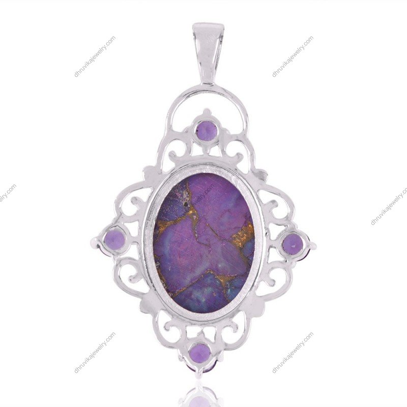 Sterling silver purple turquoise and amethyst pendant with intricate design view1