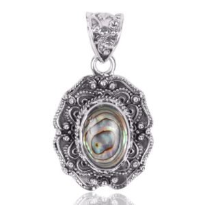 Vintage sterling silver abalone shell pendant with intricate filigree detailing main view