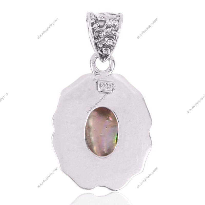 Vintage sterling silver abalone shell pendant with intricate filigree detailing view1
