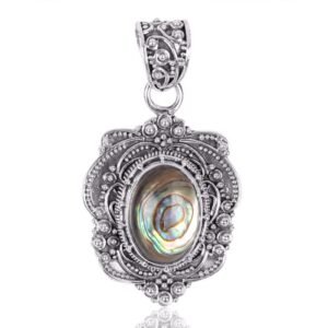 Vintage silver abalone shell pendant with intricate detailing and boho charm main view