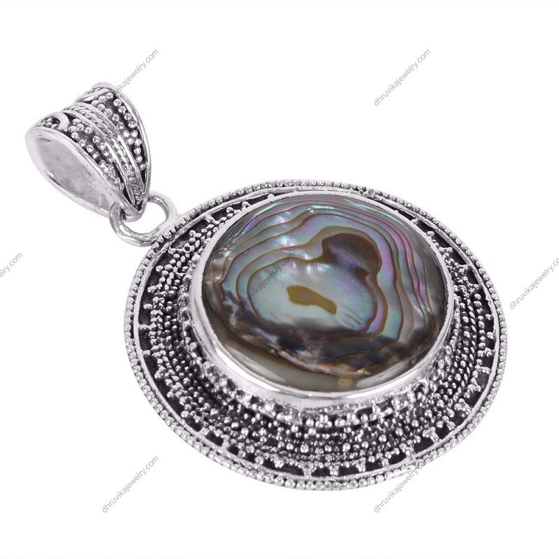 Sterling silver abalone shell pendant with intricate vintage design, perfect for boho jewelry lovers. alternate image