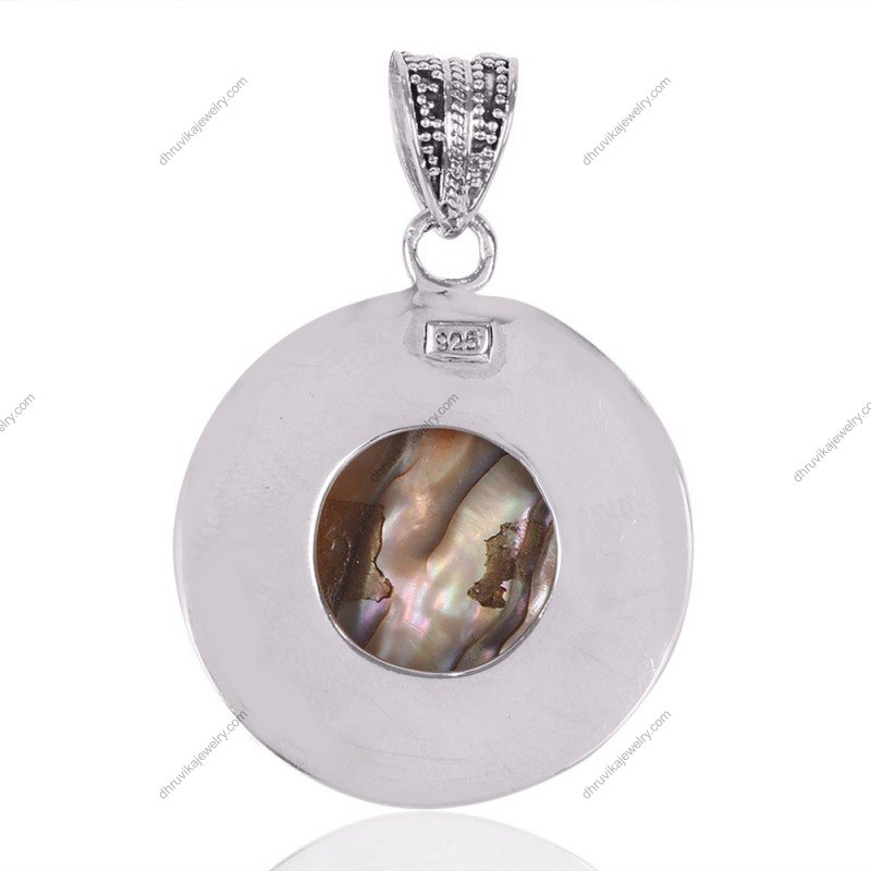 Sterling silver abalone shell pendant with intricate vintage design, perfect for boho jewelry lovers. view1
