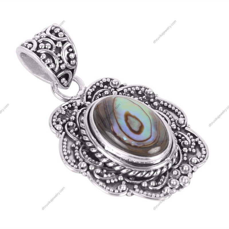 Vintage-inspired sterling silver abalone shell pendant with intricate filigree detailing alternate image