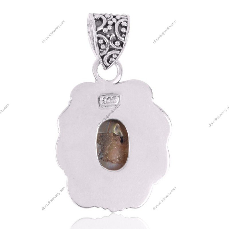 Vintage-inspired sterling silver abalone shell pendant with intricate filigree detailing view1