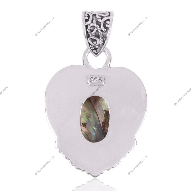 Sterling silver abalone shell vintage heart pendant with intricate detailing view1