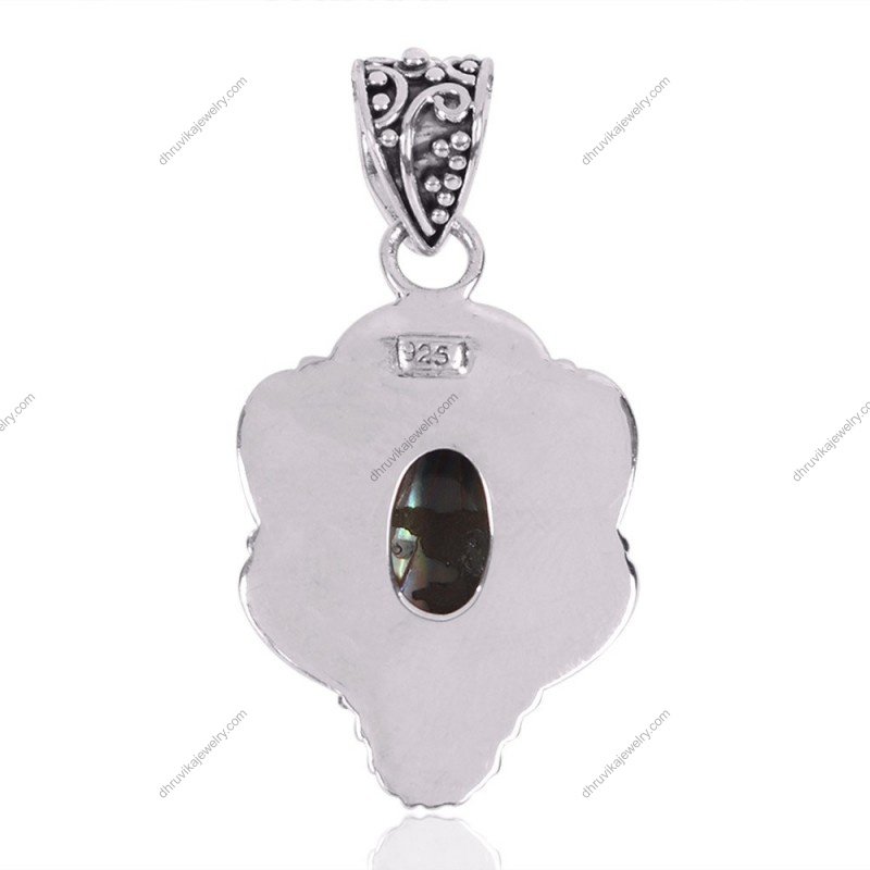 Sterling silver abalone shell pendant with vintage filigree design, artisan-crafted jewelry. view1