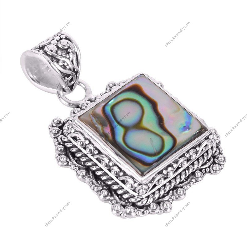 Sterling silver abalone shell pendant with vintage ornate frame, crafted for boho and statement jewelry lovers. alternate image