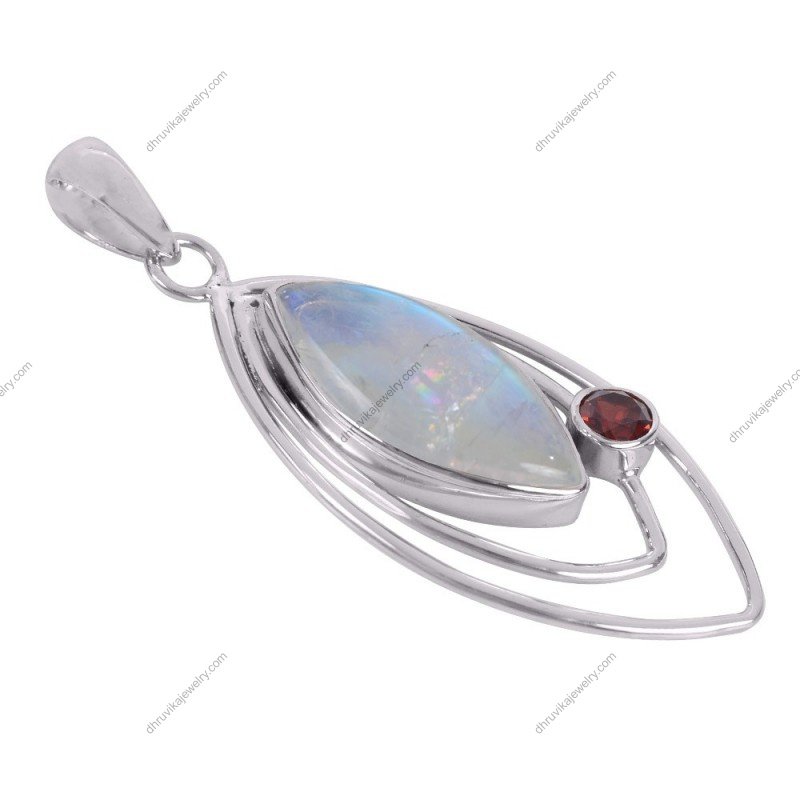 Sterling silver moonstone and garnet pendant with handcrafted openwork design alternate image