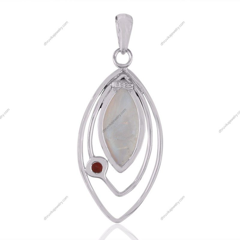 Sterling silver moonstone and garnet pendant with handcrafted openwork design view1