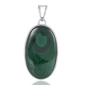 Sterling silver malachite pendant with natural green gemstone in oval shape main view