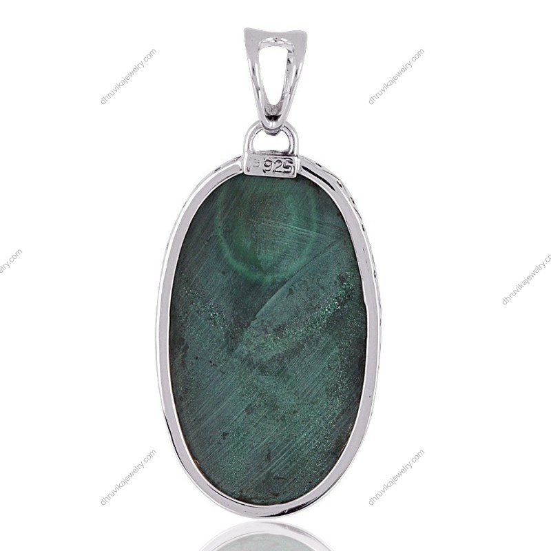 Sterling silver malachite pendant with natural green gemstone in oval shape alternate image