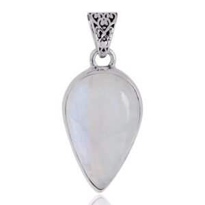 Sterling silver moonstone pendant with a teardrop-shaped gemstone and intricate filigree details main view