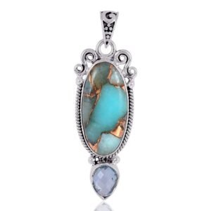 Handcrafted Copper Turquoise and Moonstone sterling silver pendant with filigree design main view