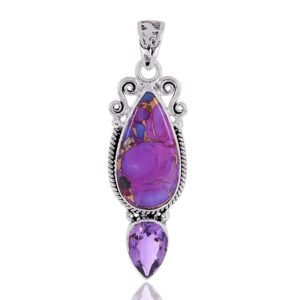 Sterling silver purple copper turquoise and amethyst pendant with intricate design. main view