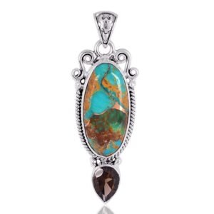 Handcrafted sterling silver turquoise & smoky quartz pendant with intricate metalwork main view