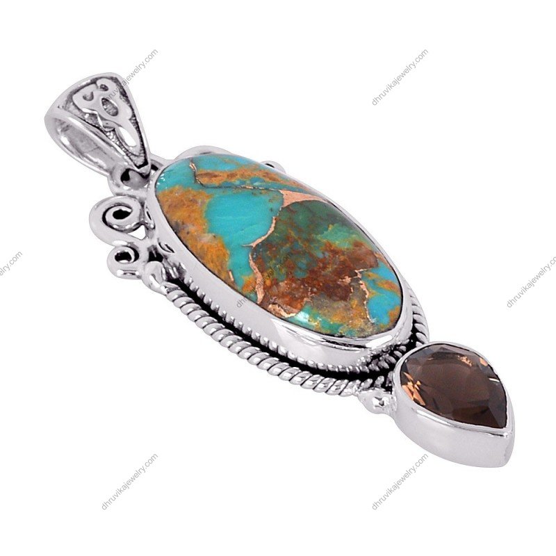Handcrafted sterling silver turquoise & smoky quartz pendant with intricate metalwork alternate image