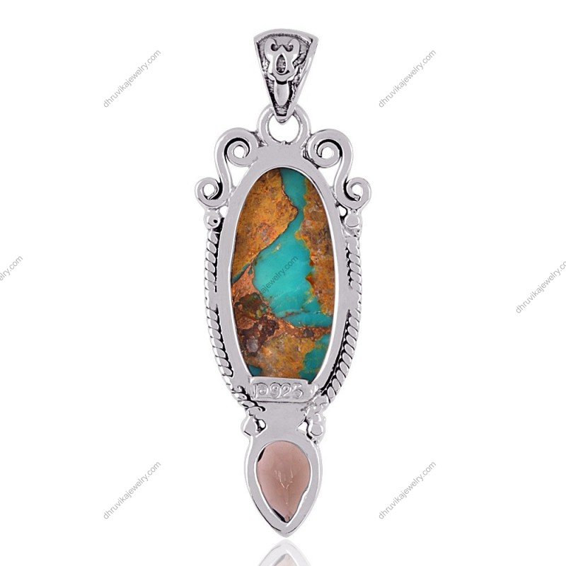 Handcrafted sterling silver turquoise & smoky quartz pendant with intricate metalwork view1
