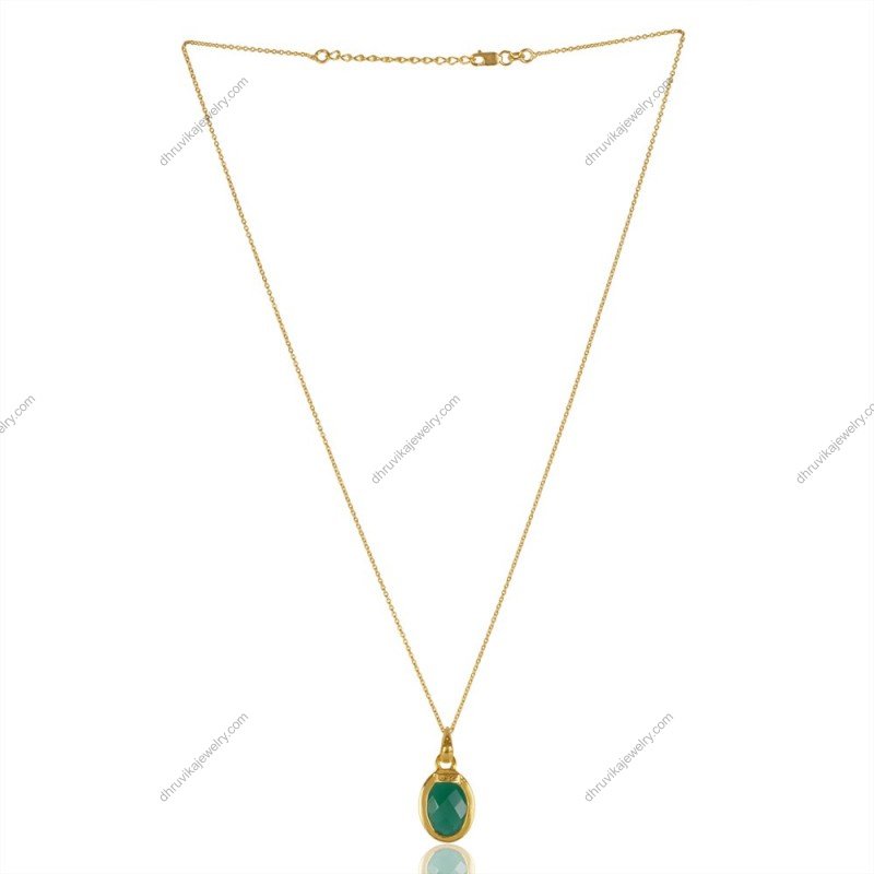 Gold-plated green onyx pendant necklace with faceted gemstone on delicate chain view1