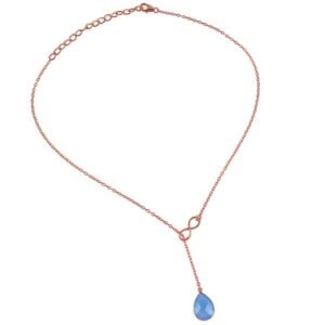 Blue chalcedony lariat necklace in rose gold with teardrop gemstone pendant main view