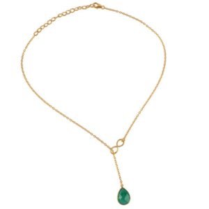 Elegant gold necklace with teardrop green onyx pendant and infinity loop detail main view