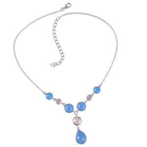 Elegant silver necklace with faceted blue and pink gemstones in a cascading design main view