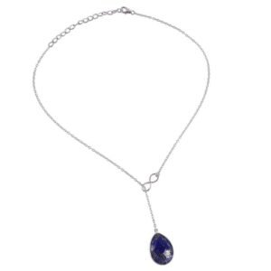 Sterling silver lapis lazuli drop necklace with infinity loop, elegant and timeless jewelry piece main view