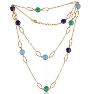 Gold-plated layered necklace with blue and green gemstones, elegant statement jewelry main view