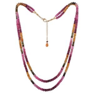 Multicolor tourmaline beaded necklace with 14K gold chain, faceted gemstone design main view