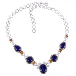 Sterling silver lapis lazuli and citrine statement necklace with adjustable chain main view