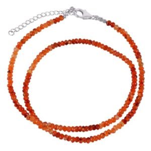 Silver carnelian beaded necklace with faceted orange gemstones and sterling silver extender clasp main view