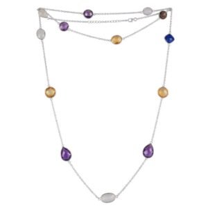 Sterling silver multi-gemstone long necklace with amethyst, citrine, and moonstone main view