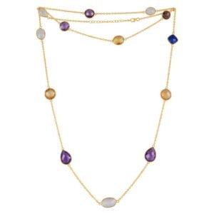 Gold vermeil multi-gemstone station necklace featuring amethyst, moonstone, citrine, and lapis lazuli. main view