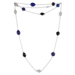 Sterling silver multi-gemstone necklace with lapis lazuli, black onyx, and moonstone gemstones. main view